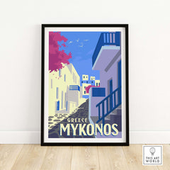 Mykonos poster wall art print featuring vibrant street scene in Greece, framed for stylish home decor.