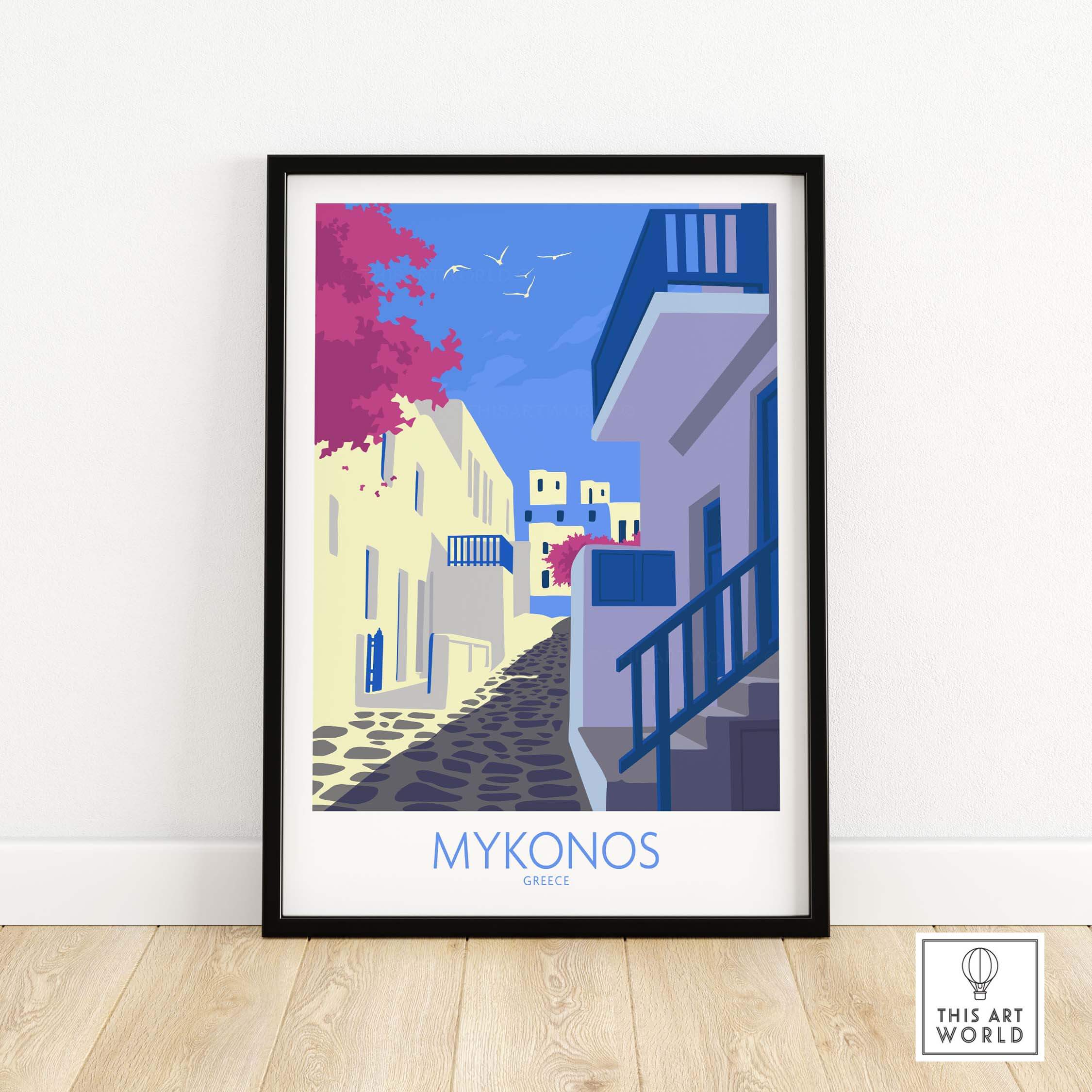 Mykonos print travel poster showcasing picturesque streets in Greece with vibrant colors and vintage design.
