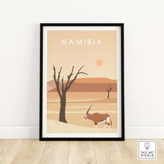 Namibia Print Dunes Poster featuring desert landscape and silhouette of an oryx, framed wall art inspiration.
