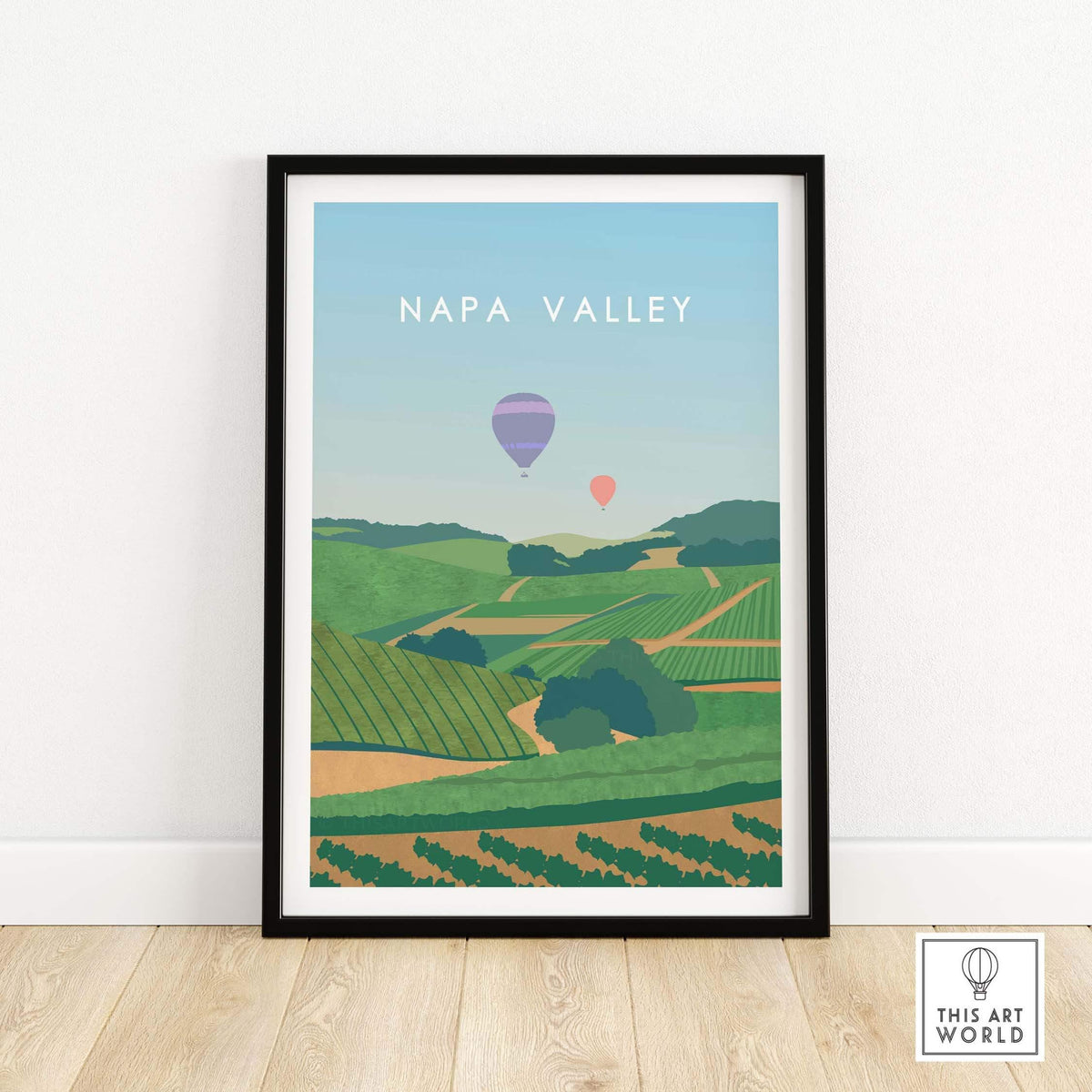 Napa Valley Wall Art Poster featuring colorful hot air balloons and lush vineyard landscape.