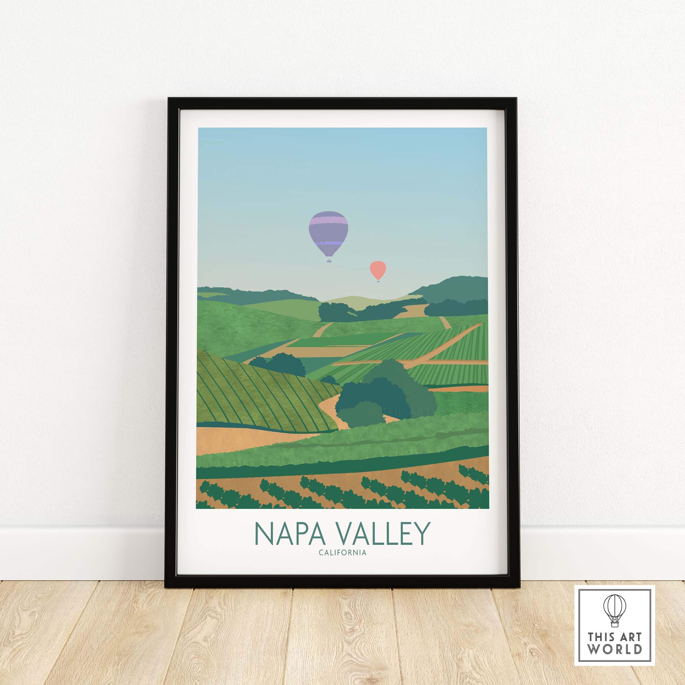 Napa Valley Print California featuring vineyards and hot air balloons, vintage travel art for home or office decor.