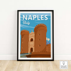 Vintage Naples Italy travel poster featuring historic architecture and vibrant colors.