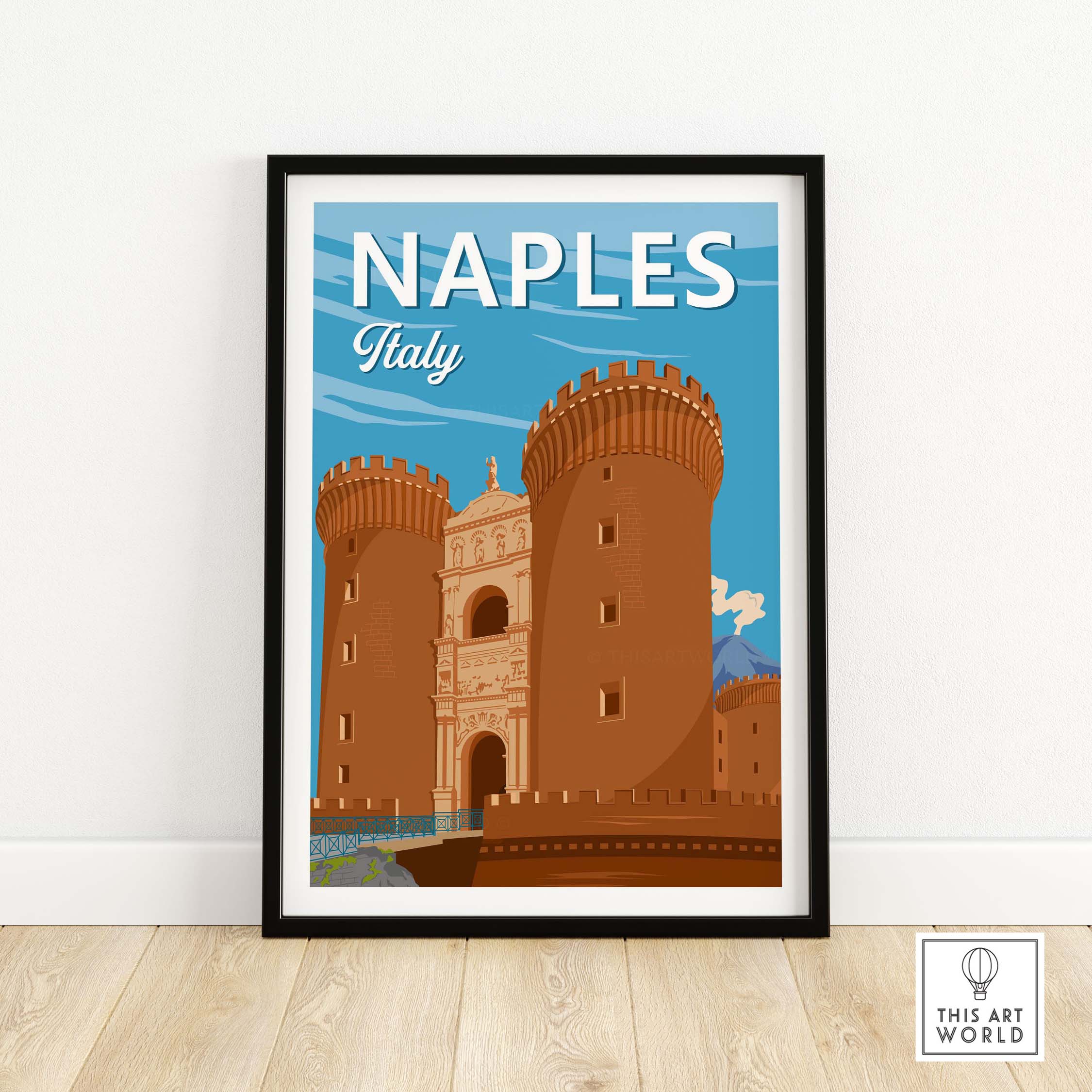 Vintage Naples Italy travel poster featuring historic architecture and vibrant colors.