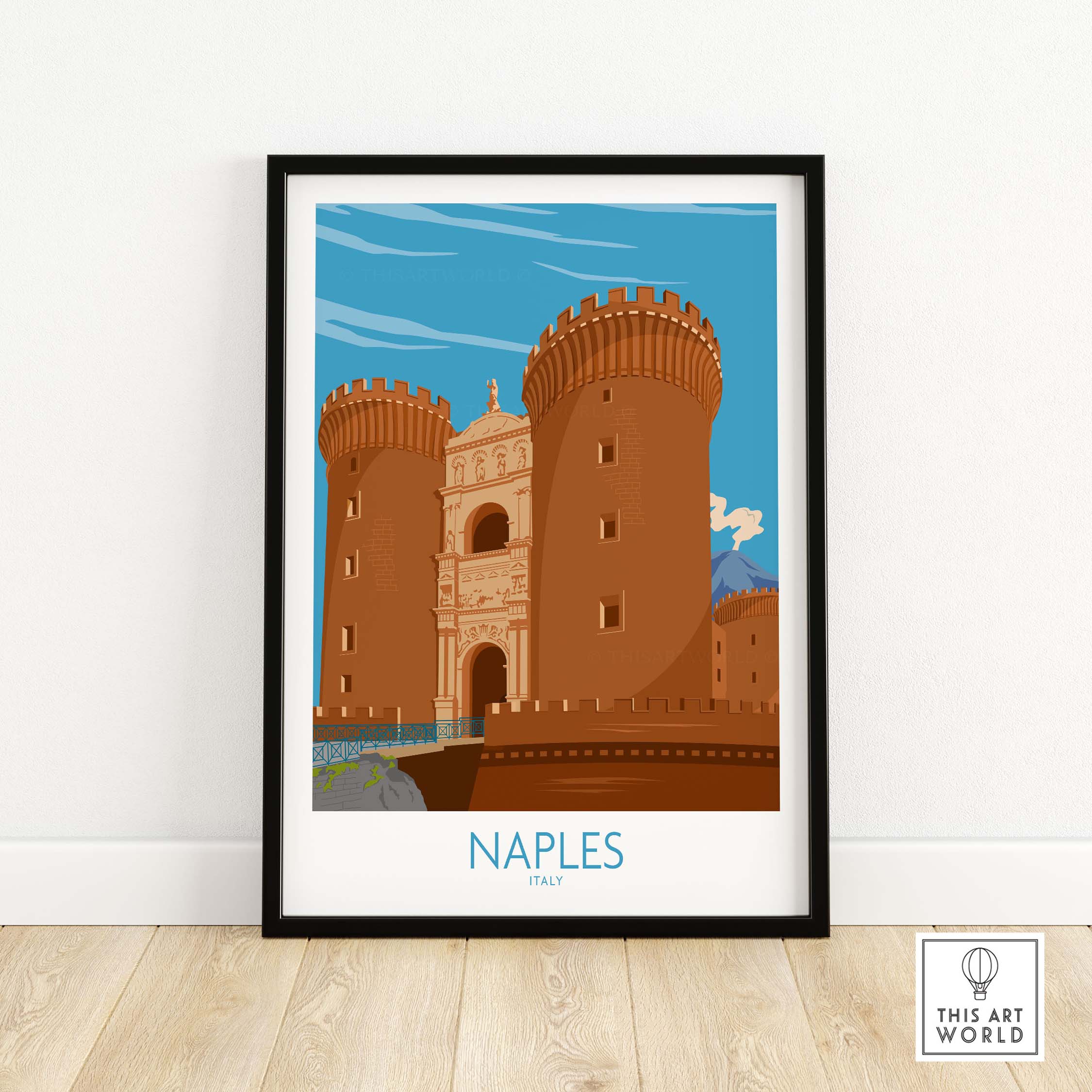 Vintage Naples Italy poster featuring a castle design, perfect for home or office decor.