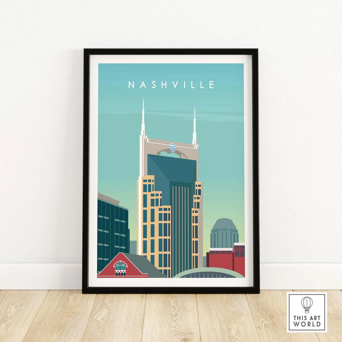 Framed Nashville art print featuring iconic skyline and vintage travel poster style, perfect for home or office decor.
