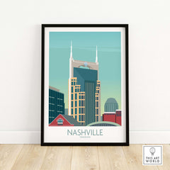 Nashville poster featuring iconic skyline and vintage travel design, perfect wall art for home or office decor.