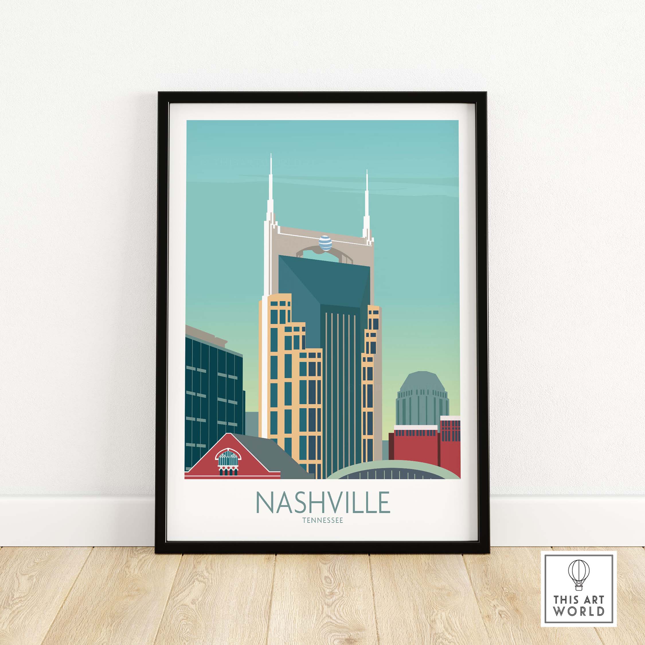 Nashville poster featuring iconic skyline and vintage travel design, perfect wall art for home or office decor.