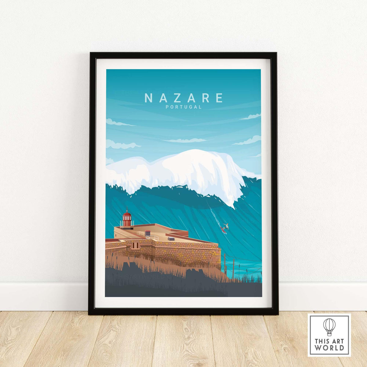 Nazare Travel Poster Print showcasing Portugal's coastal beauty with vibrant colors and iconic waves.