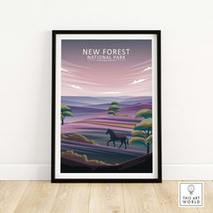 New Forest National Park poster featuring minimalist landscape art with a horse and trees, framed for stylish decor.
