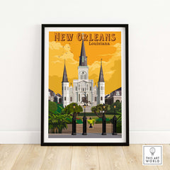Framed New Orleans Art Print featuring historic architecture and vibrant colors, perfect for home or office decor.
