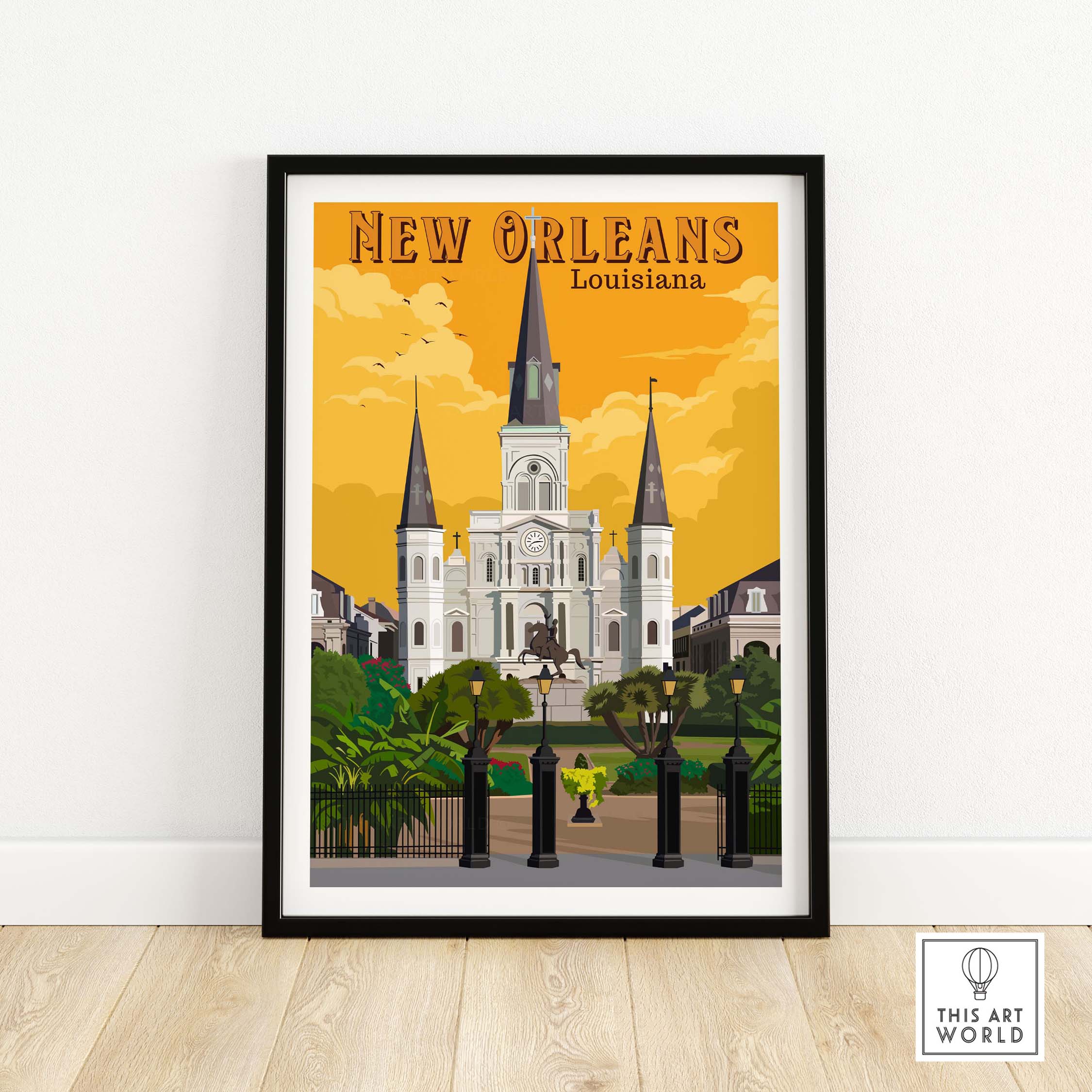 Framed New Orleans Art Print featuring historic architecture and vibrant colors, perfect for home or office decor.