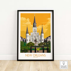 Framed New Orleans poster featuring iconic architecture and vibrant colors, perfect for home or office decor.