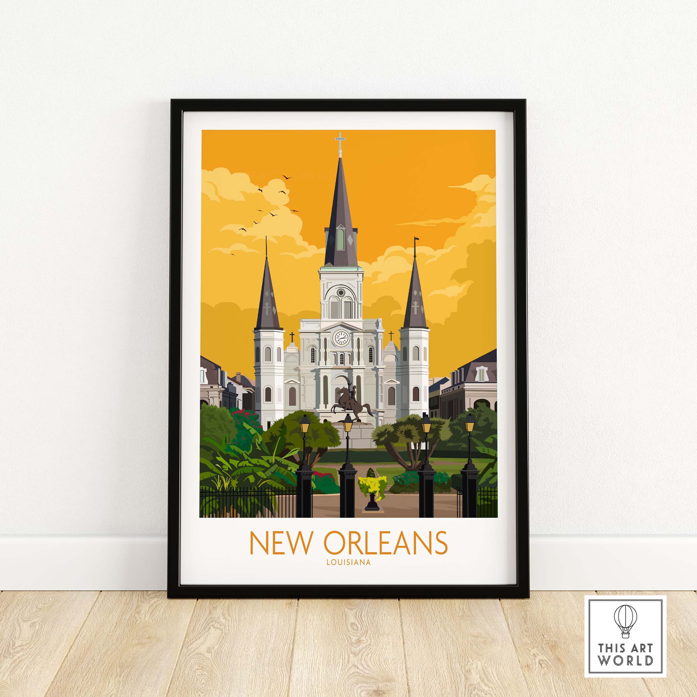 Framed New Orleans poster featuring iconic architecture and vibrant colors, perfect for home or office decor.