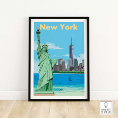 Vintage New York poster featuring the Statue of Liberty and skyline, perfect for home or office decor.
