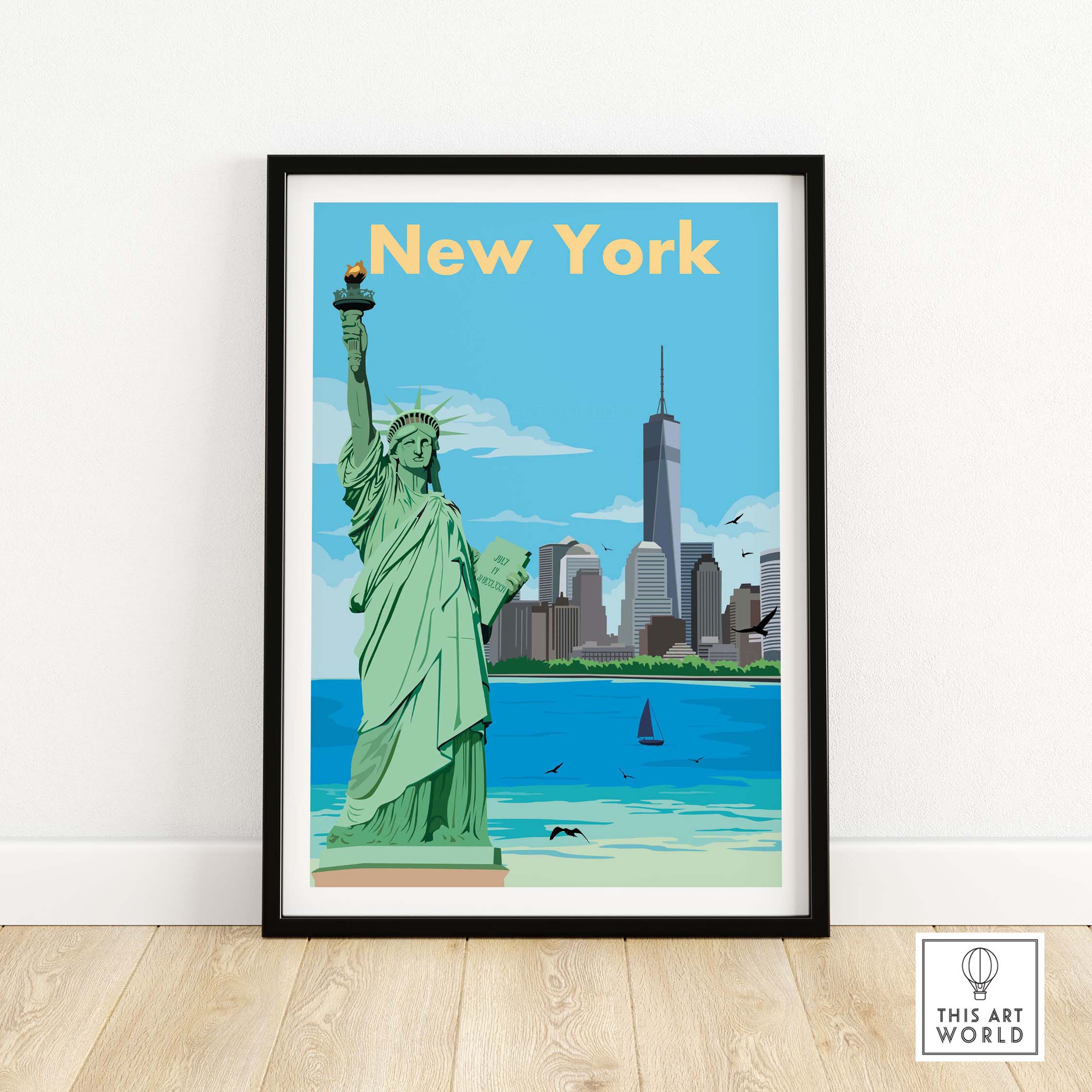 Vintage New York poster featuring the Statue of Liberty and skyline, perfect for home or office decor.