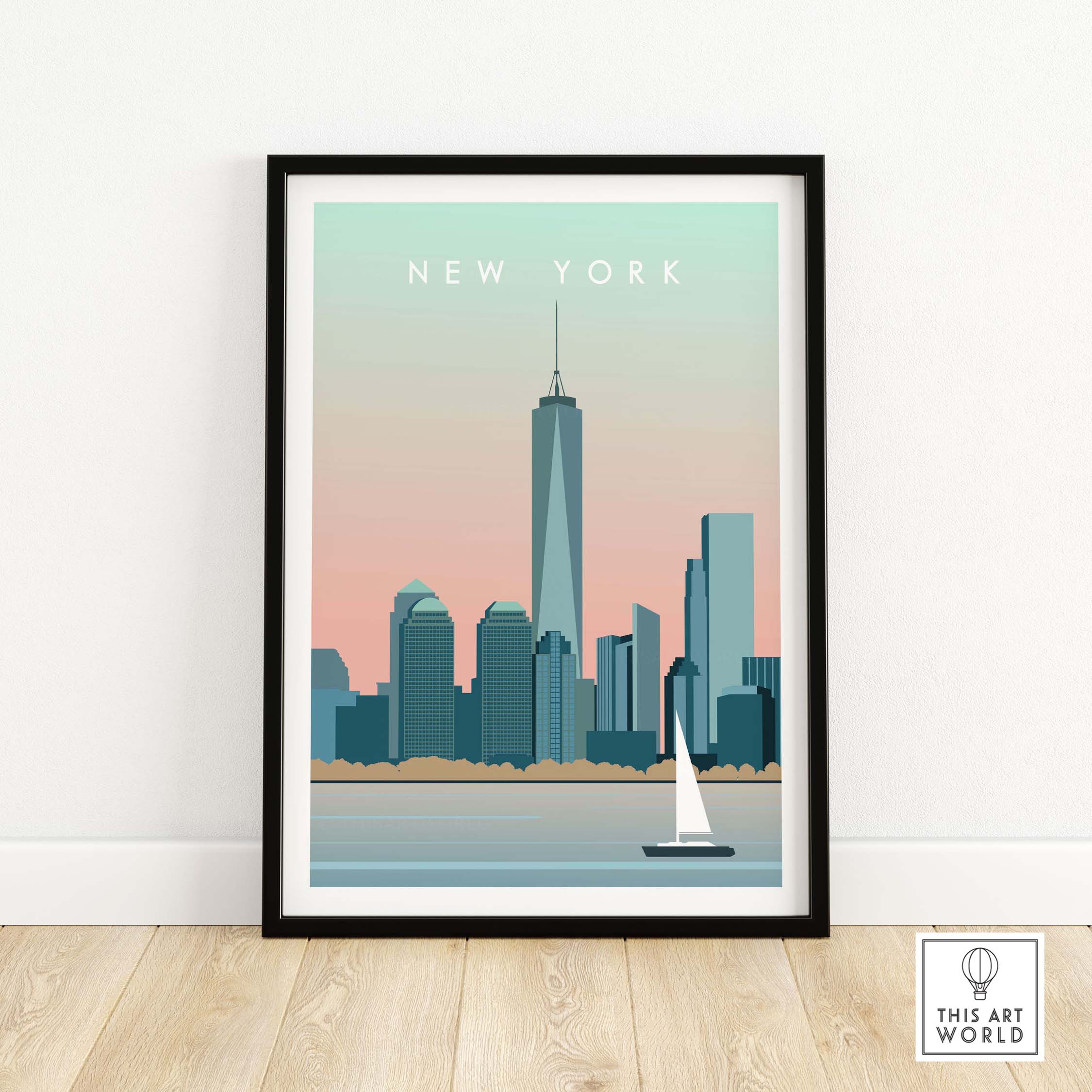 New York City print wall art poster featuring skyline and sailboat in soft pastel colors, framed for stylish home decor.