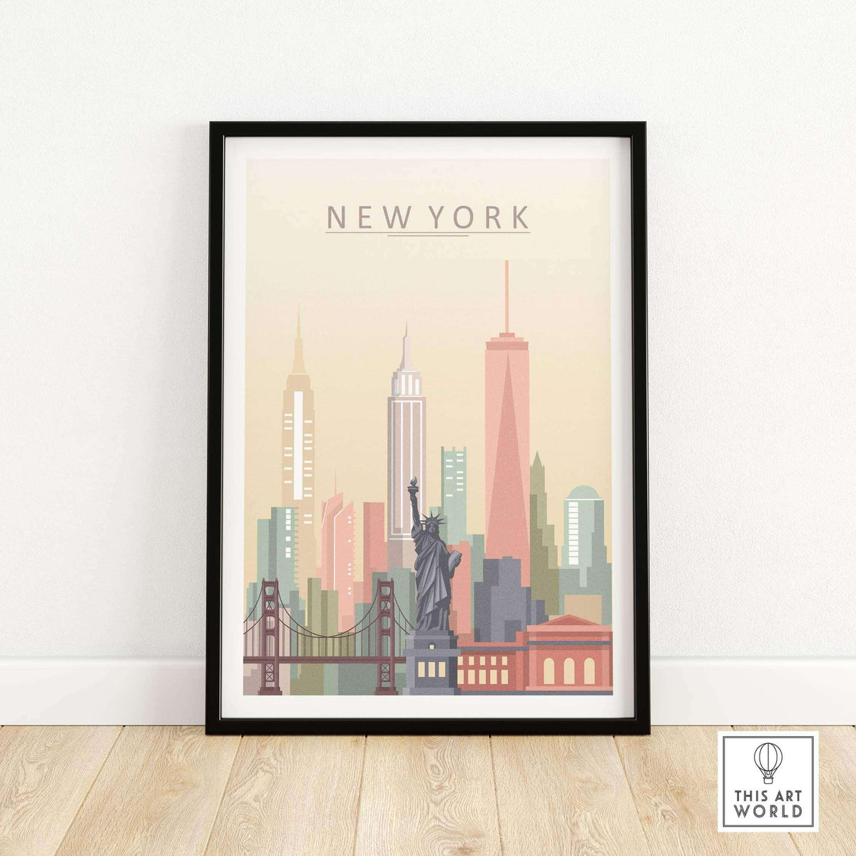 New York City skyline print showcasing iconic landmarks in pastel tones, framed wall art featuring Statue of Liberty and skyscrapers.