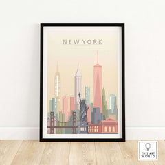 New York City skyline print showcasing iconic landmarks in pastel tones, framed wall art featuring Statue of Liberty and skyscrapers.