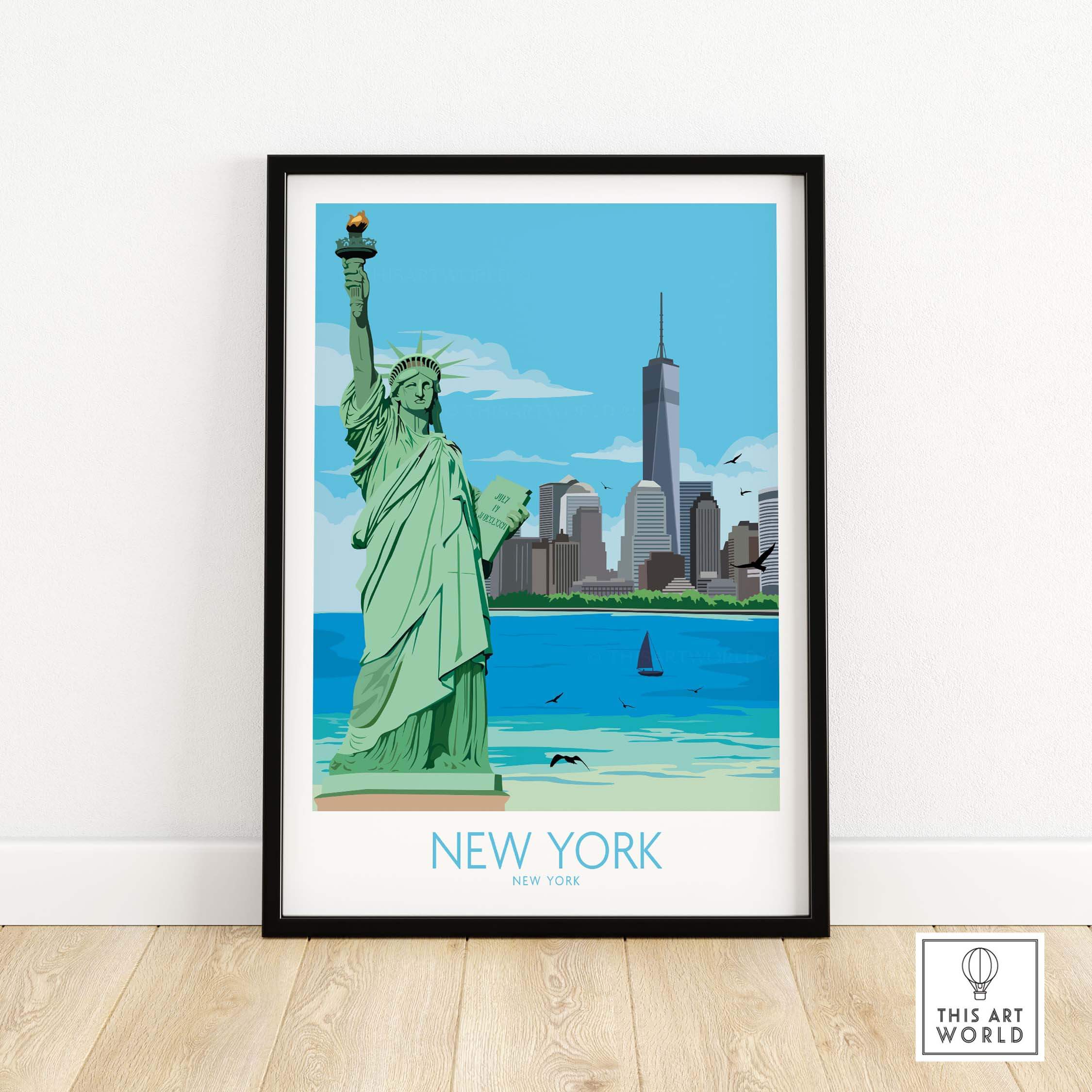 New York City Poster featuring the Statue of Liberty and skyline, perfect for home or office decor.