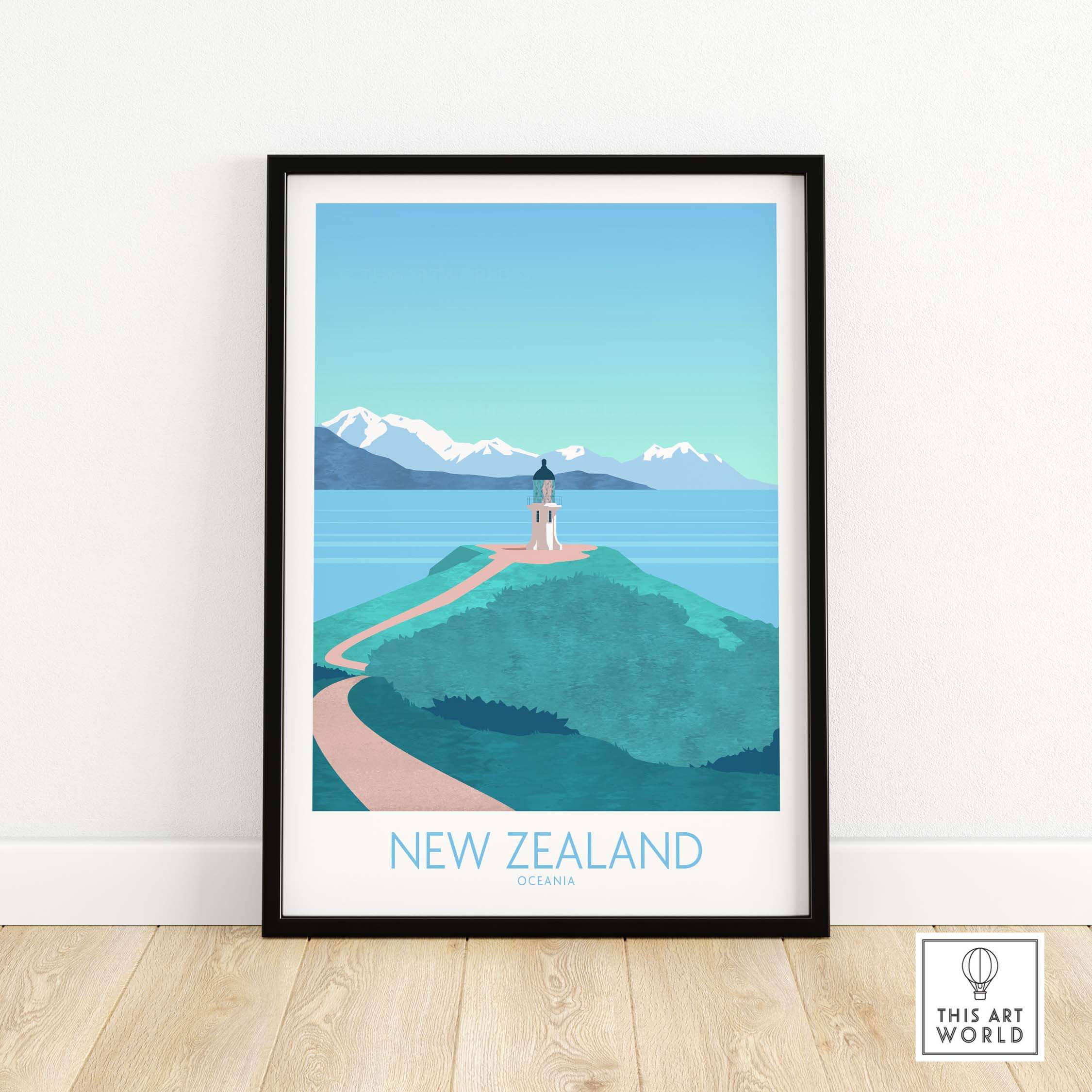 Framed New Zealand print travel poster featuring a lighthouse and scenic coastal landscape.