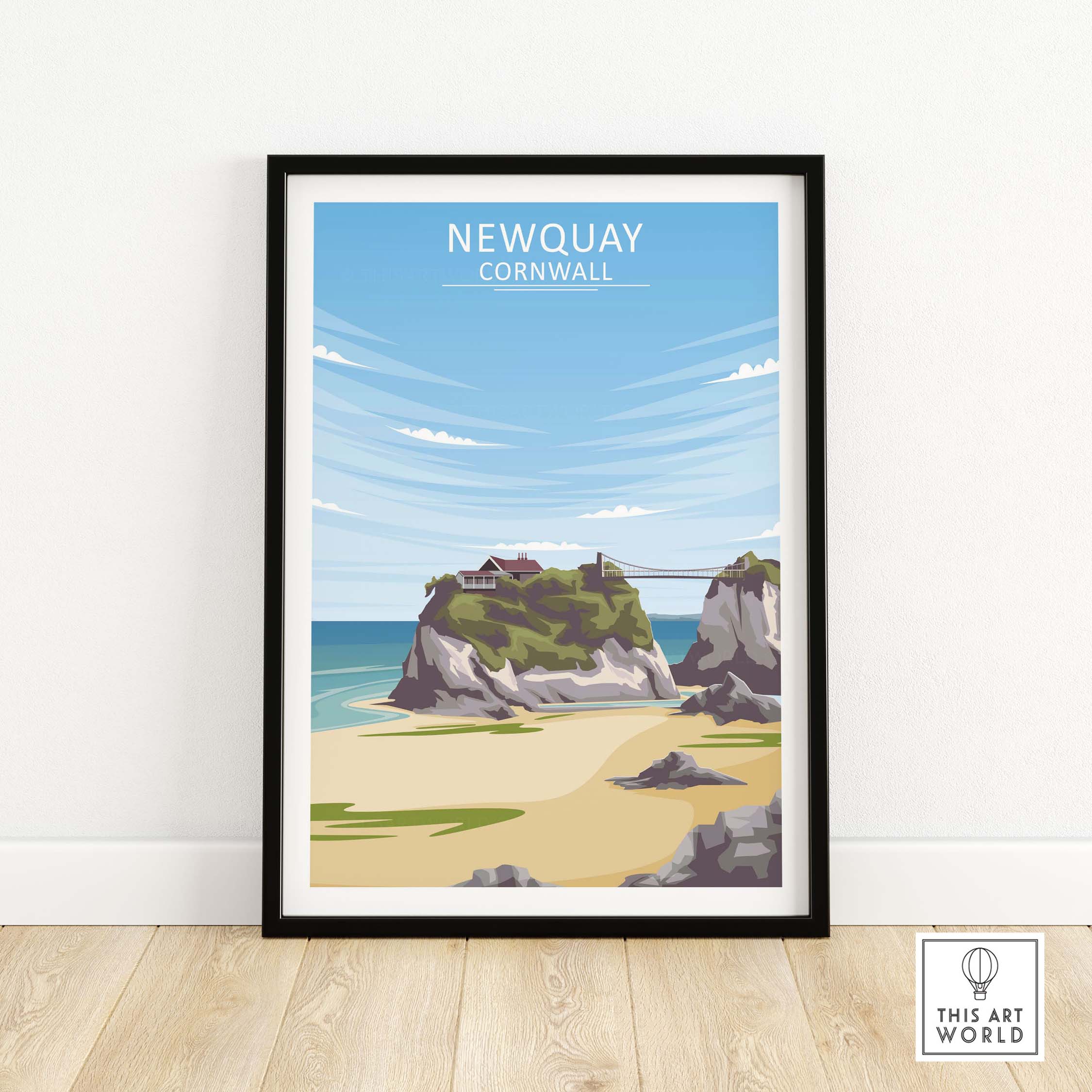 Framed Newquay Cornwall travel poster featuring coastal scenery and vintage-inspired design.