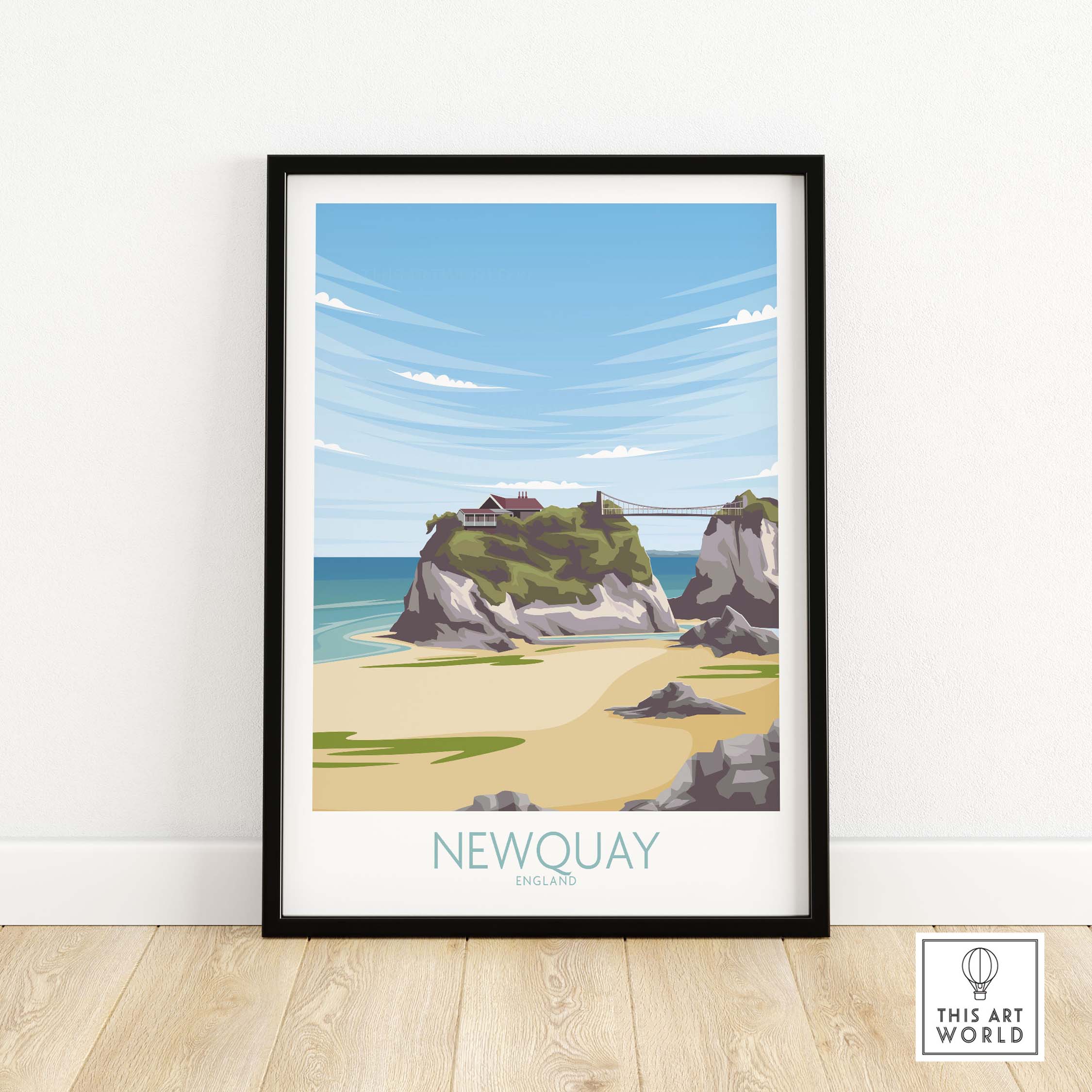 Newquay Cornwall travel poster featuring a coastal scene with sandy beach and rocky cliffs.