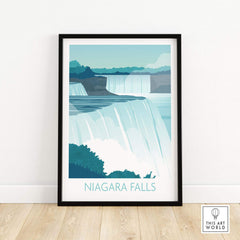 Niagara Falls print wall art in a frame, inspired by vintage travel posters, perfect for home or office decor.