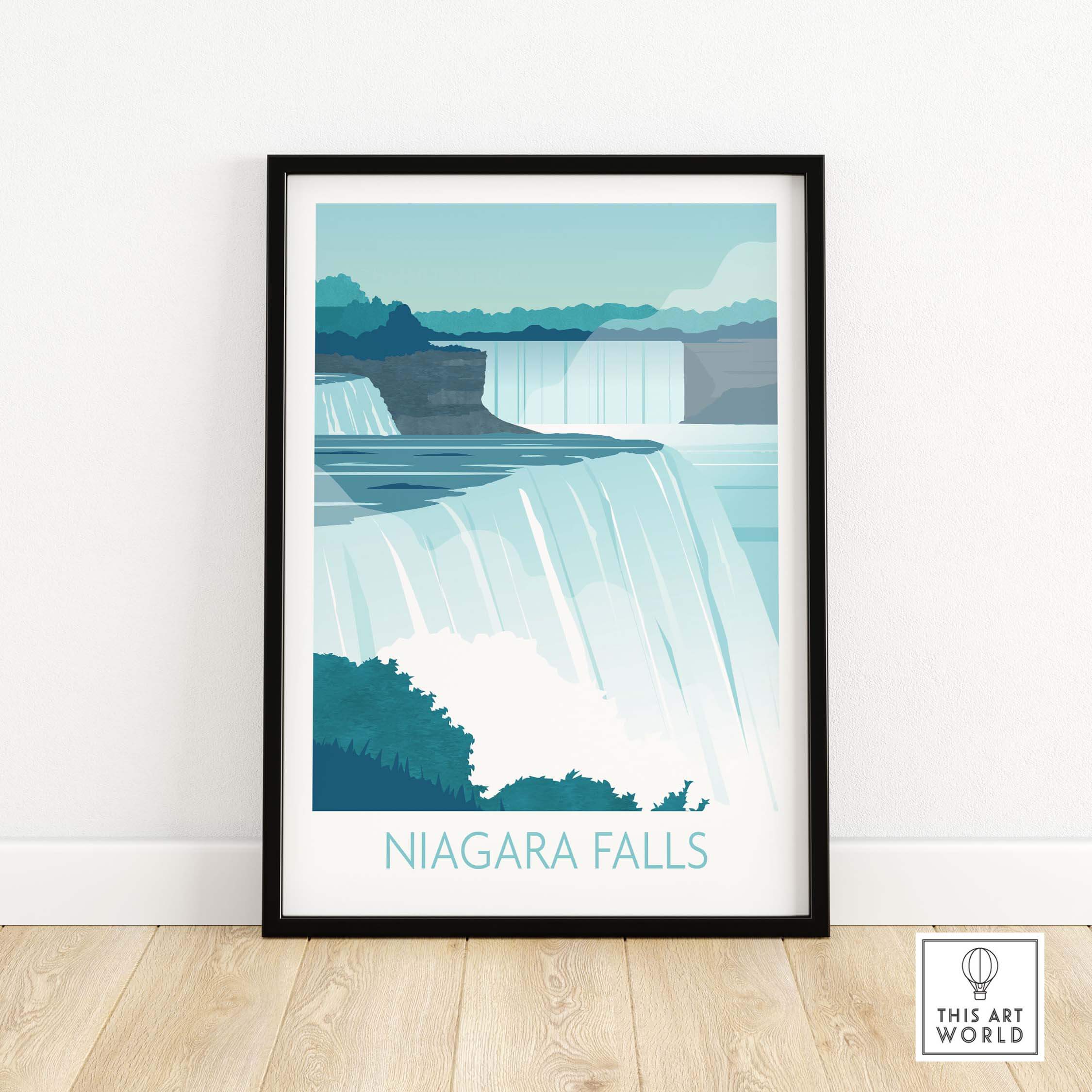Niagara Falls print wall art in a frame, inspired by vintage travel posters, perfect for home or office decor.