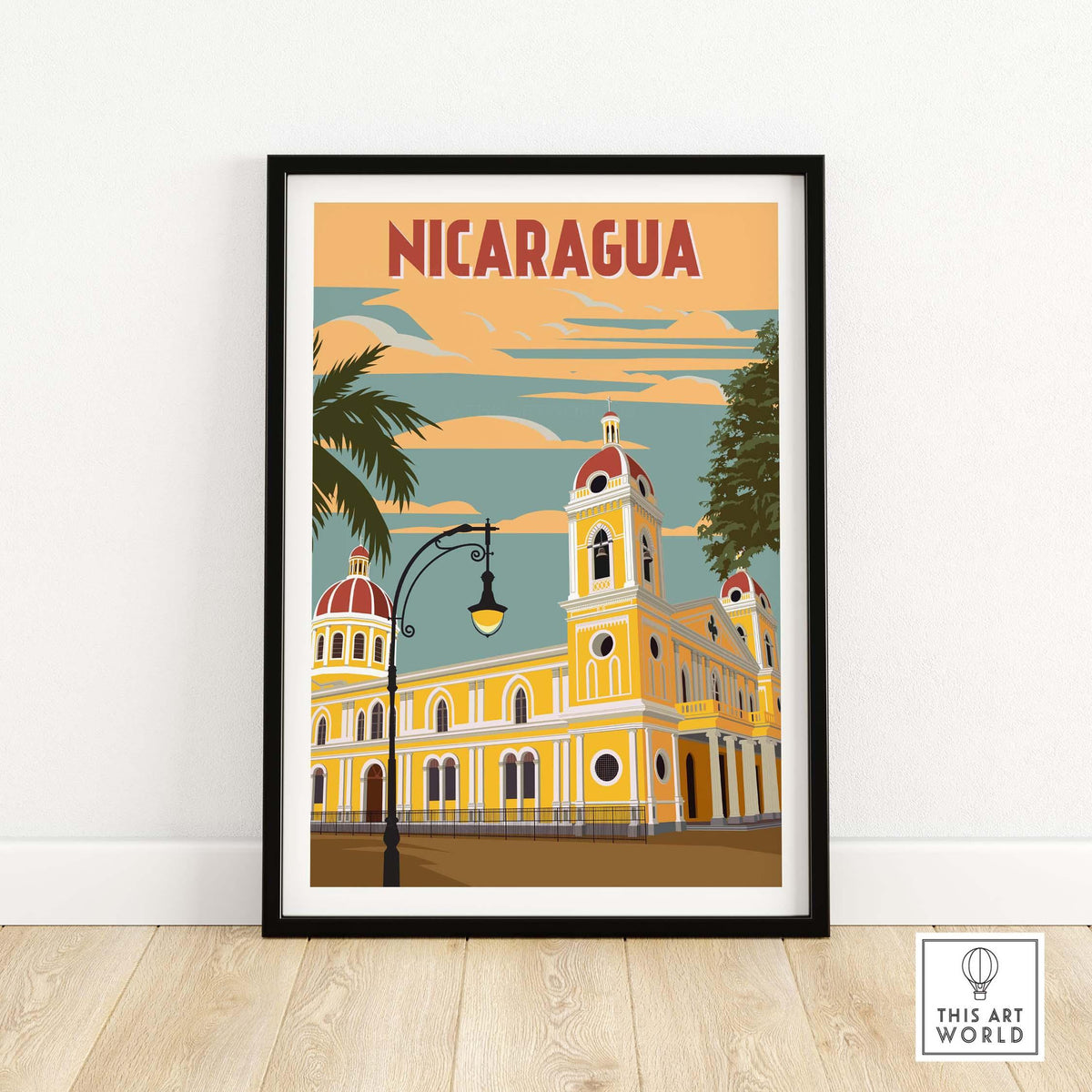Nicaragua poster featuring vibrant vintage art of a historical building with palm trees and colorful sky.