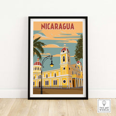 Nicaragua poster featuring vibrant vintage art of a historical building with palm trees and colorful sky.