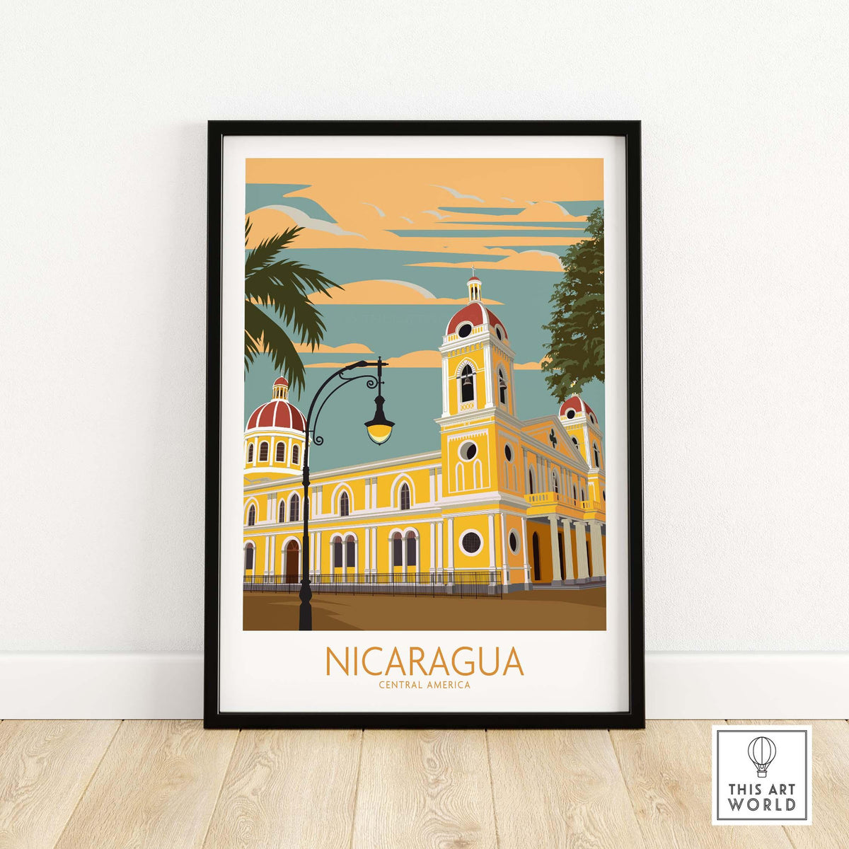 Nicaragua print featuring vibrant vintage-style artwork of Central America cityscape in a framed design.