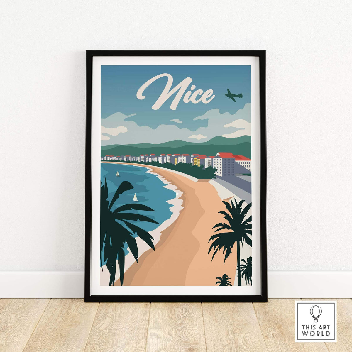 Nice France poster wall art print featuring a beach view with palm trees and vintage style design.