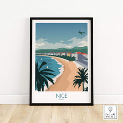 Nice France travel poster featuring a beach view with palms and an airplane, perfect for stylish home decor.
