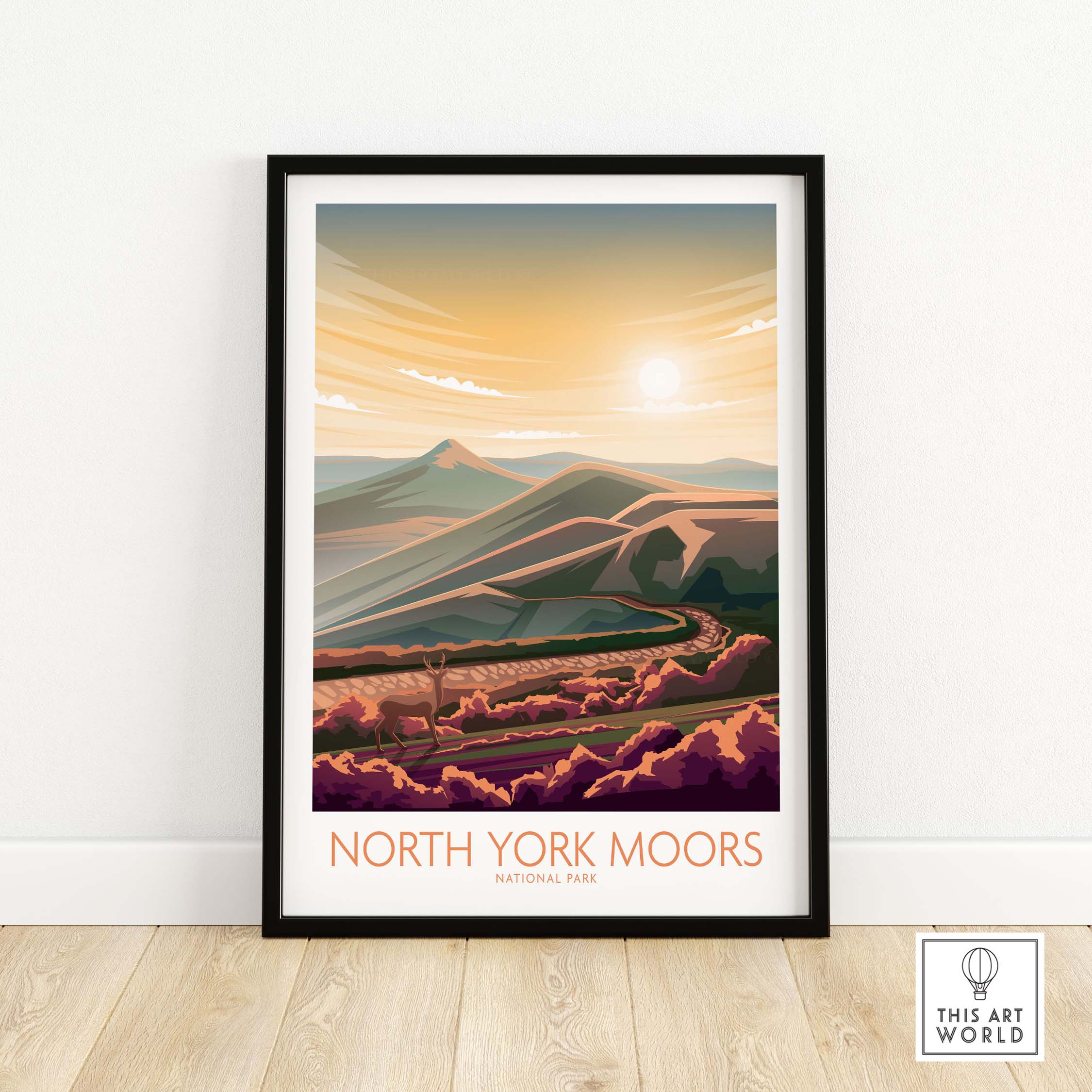 North York Moors National Park poster, modern minimalist art print depicting scenic landscapes in warm tones.