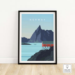 Norway Print Wall Art Poster showcasing a scenic mountain and red cabin, perfect for travel-inspired home decor.