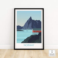 Framed Norway print travel poster with a mountain and coastal scenery, perfect for home or office decor.