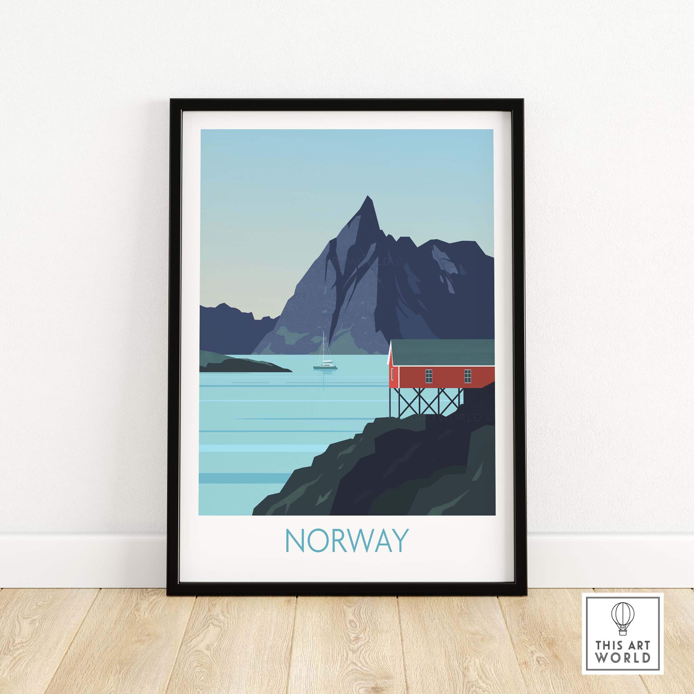 Framed Norway print travel poster with a mountain and coastal scenery, perfect for home or office decor.
