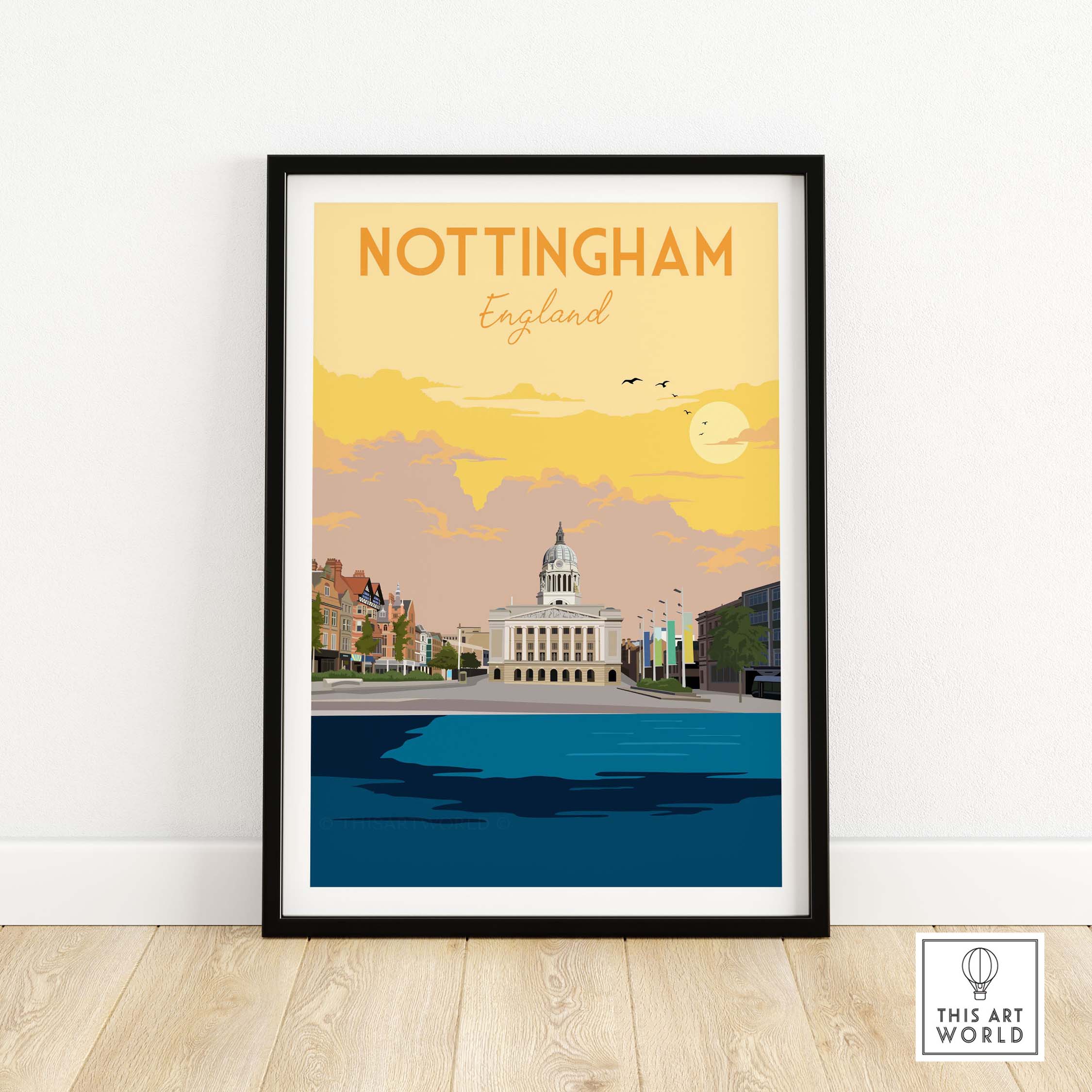Nottingham Print England Poster framed artwork showcasing vintage travel style and vibrant colors.