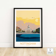 Nottingham poster print featuring iconic landmarks and sunset, perfect for stylish wall art in home or office.