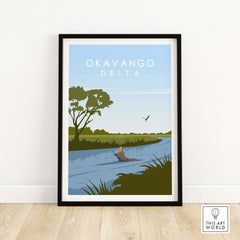 Okavango Delta vintage travel poster print, minimalist design showcasing nature and wildlife.
