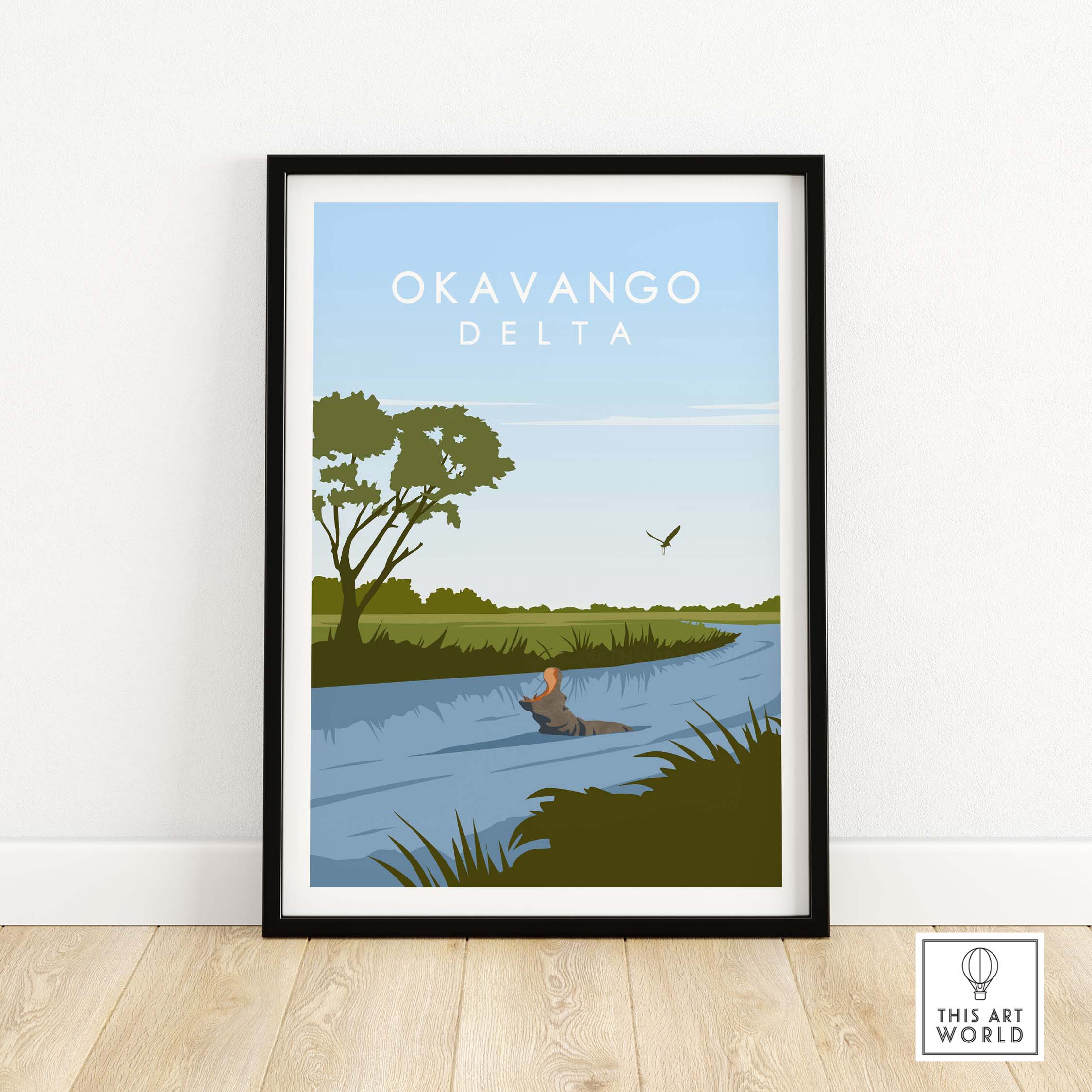 Okavango Delta vintage travel poster print, minimalist design showcasing nature and wildlife.