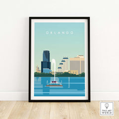 Framed Orlando travel poster print showcasing the city skyline and water features in minimalist style.