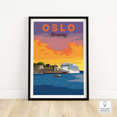 Oslo Print Norway framed artwork featuring a sunset and a cruise ship, inspired by vintage travel posters.