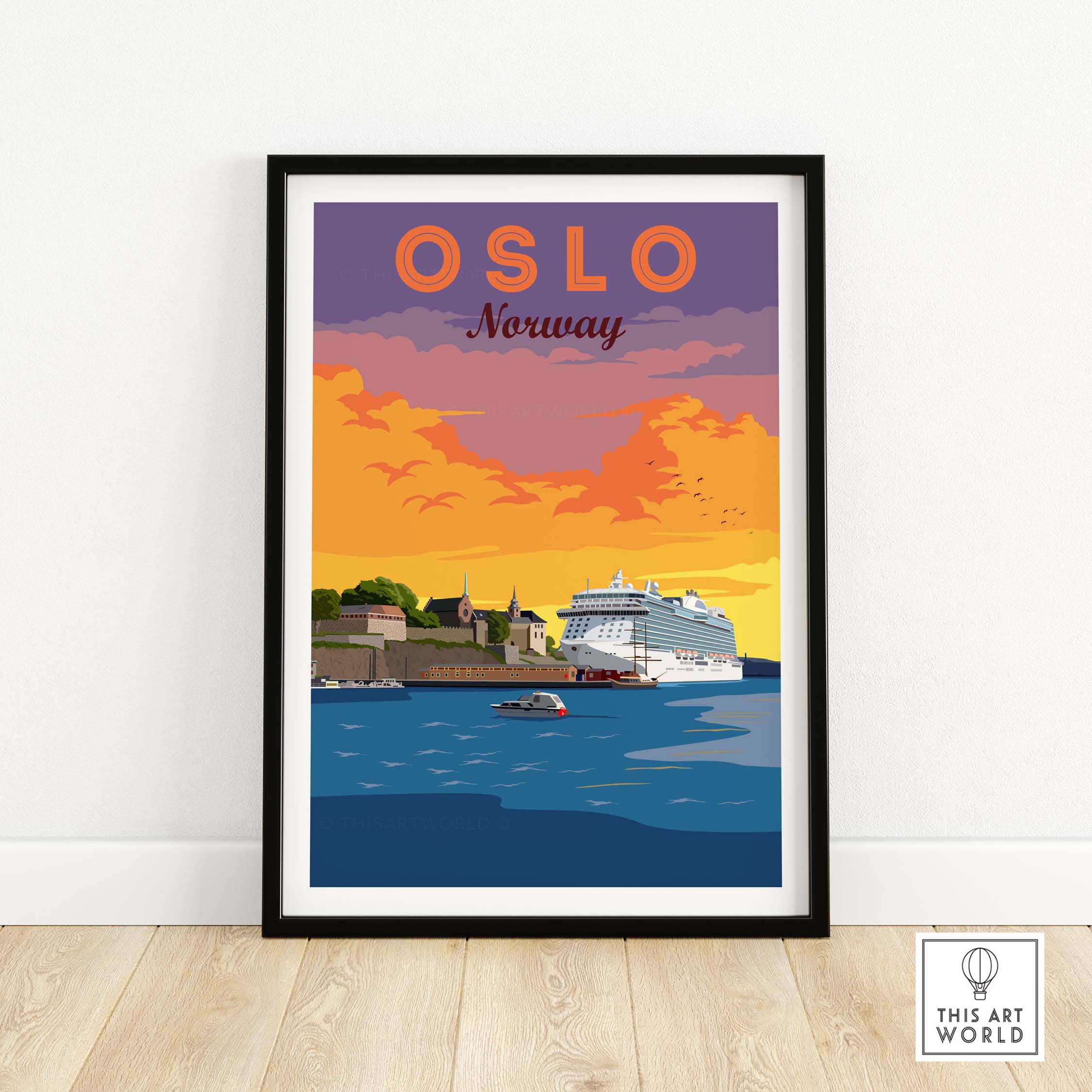 Oslo Print Norway framed artwork featuring a sunset and a cruise ship, inspired by vintage travel posters.