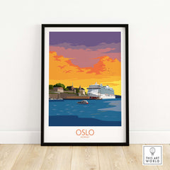 Oslo poster art featuring a sunset view of Norway's harbor with a cruise ship, perfect for travel enthusiasts.