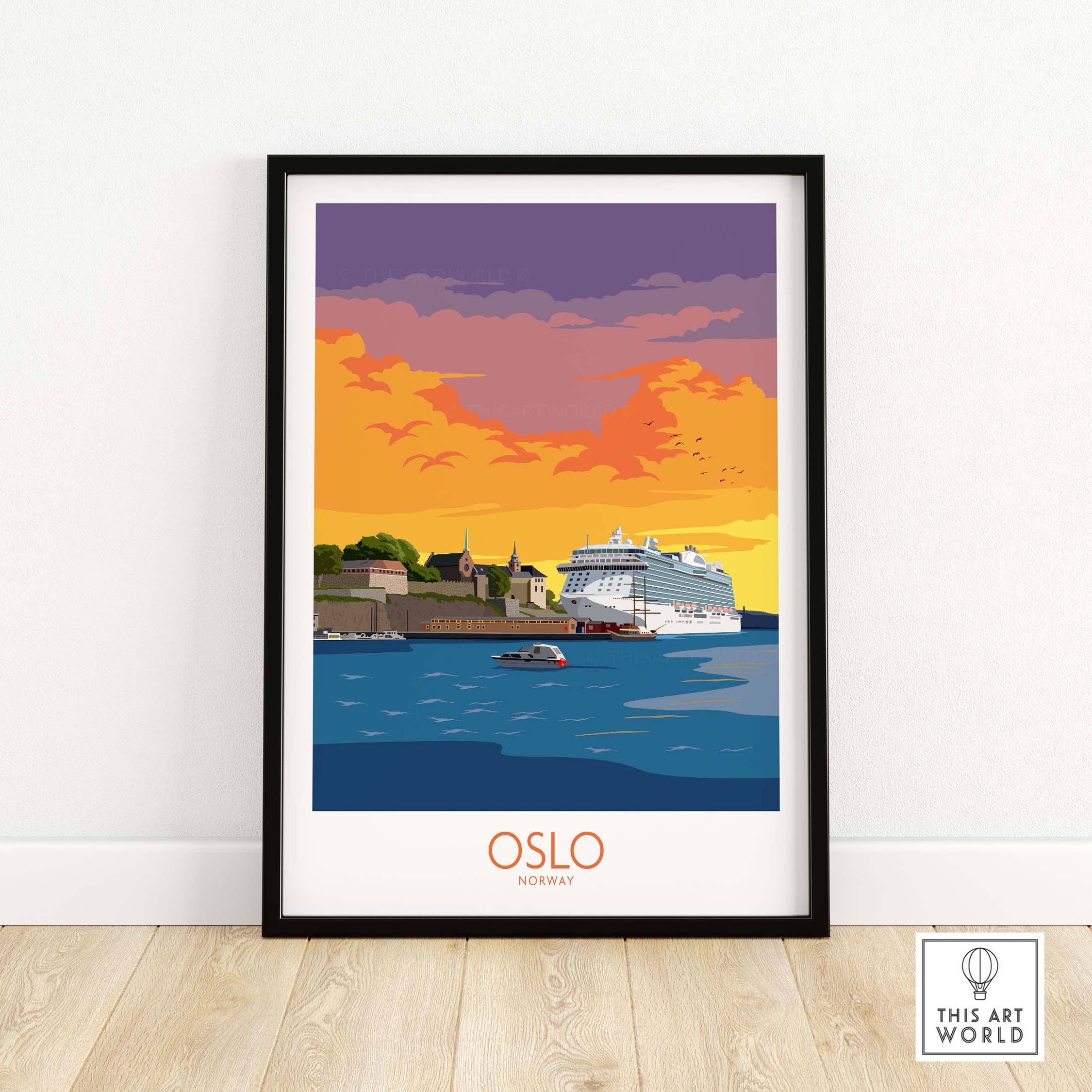 Oslo poster art featuring a sunset view of Norway's harbor with a cruise ship, perfect for travel enthusiasts.
