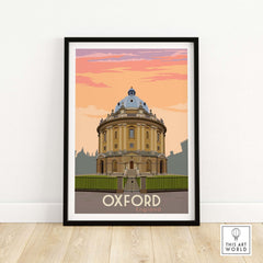 Oxford Print Poster Wall Art featuring the iconic Radcliffe Camera in England against a colorful sunset.
