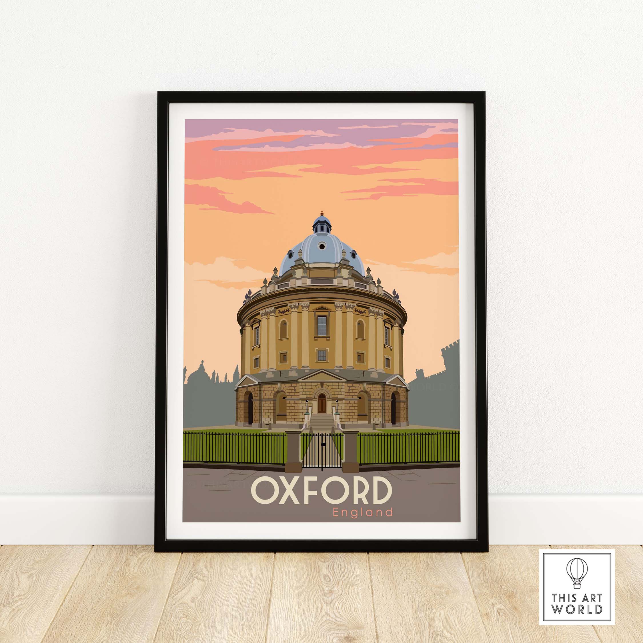 Oxford Print Poster Wall Art featuring the iconic Radcliffe Camera in England against a colorful sunset.