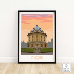 Framed Oxford travel poster featuring the iconic Radcliffe Camera at sunset, showcasing vibrant colors and vintage design.