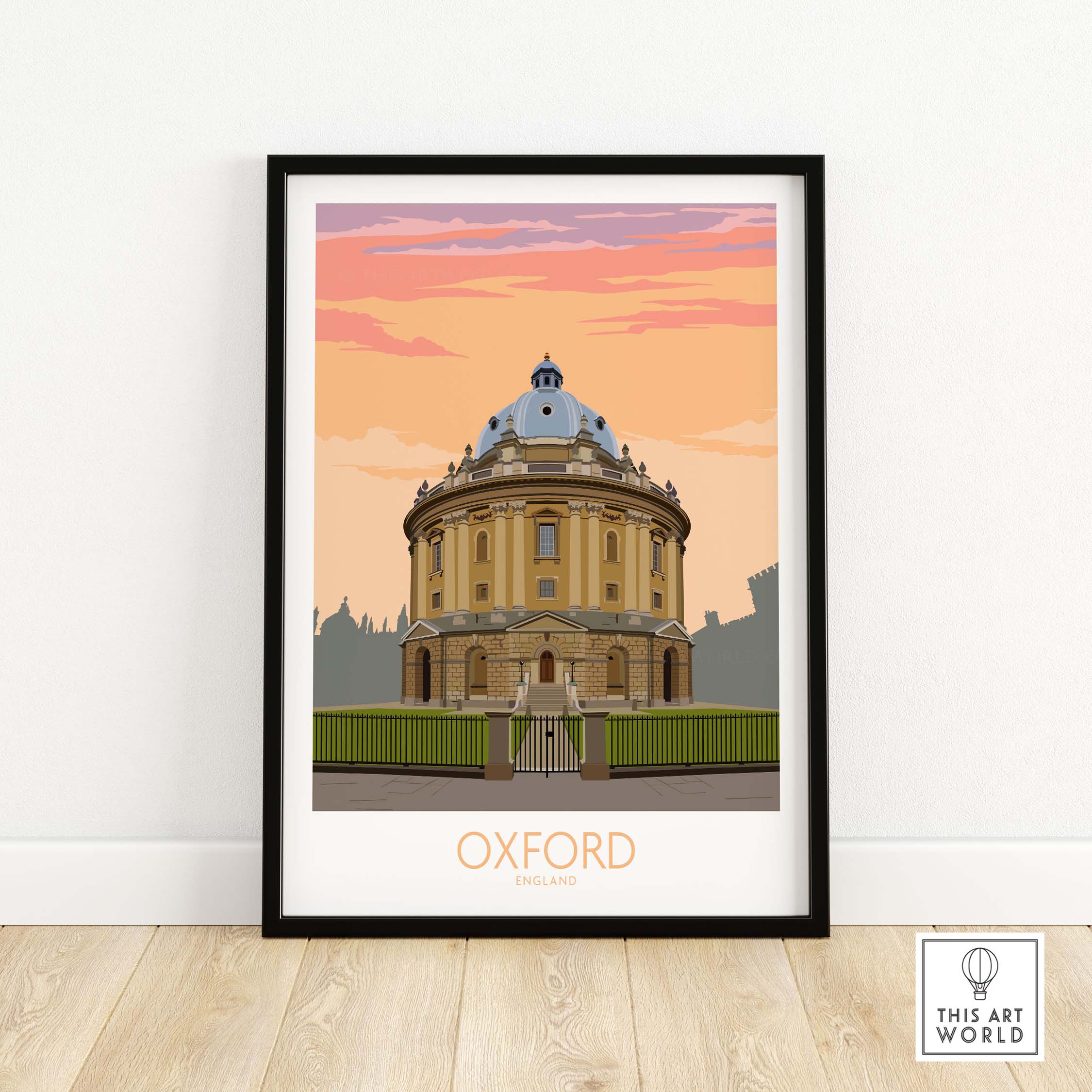 Framed Oxford travel poster featuring the iconic Radcliffe Camera at sunset, showcasing vibrant colors and vintage design.
